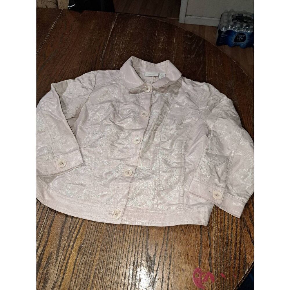 Size 8 Chicos 1 Shimmery Pink Embroidered Floral Pattern Blazer Jacket Cardigan